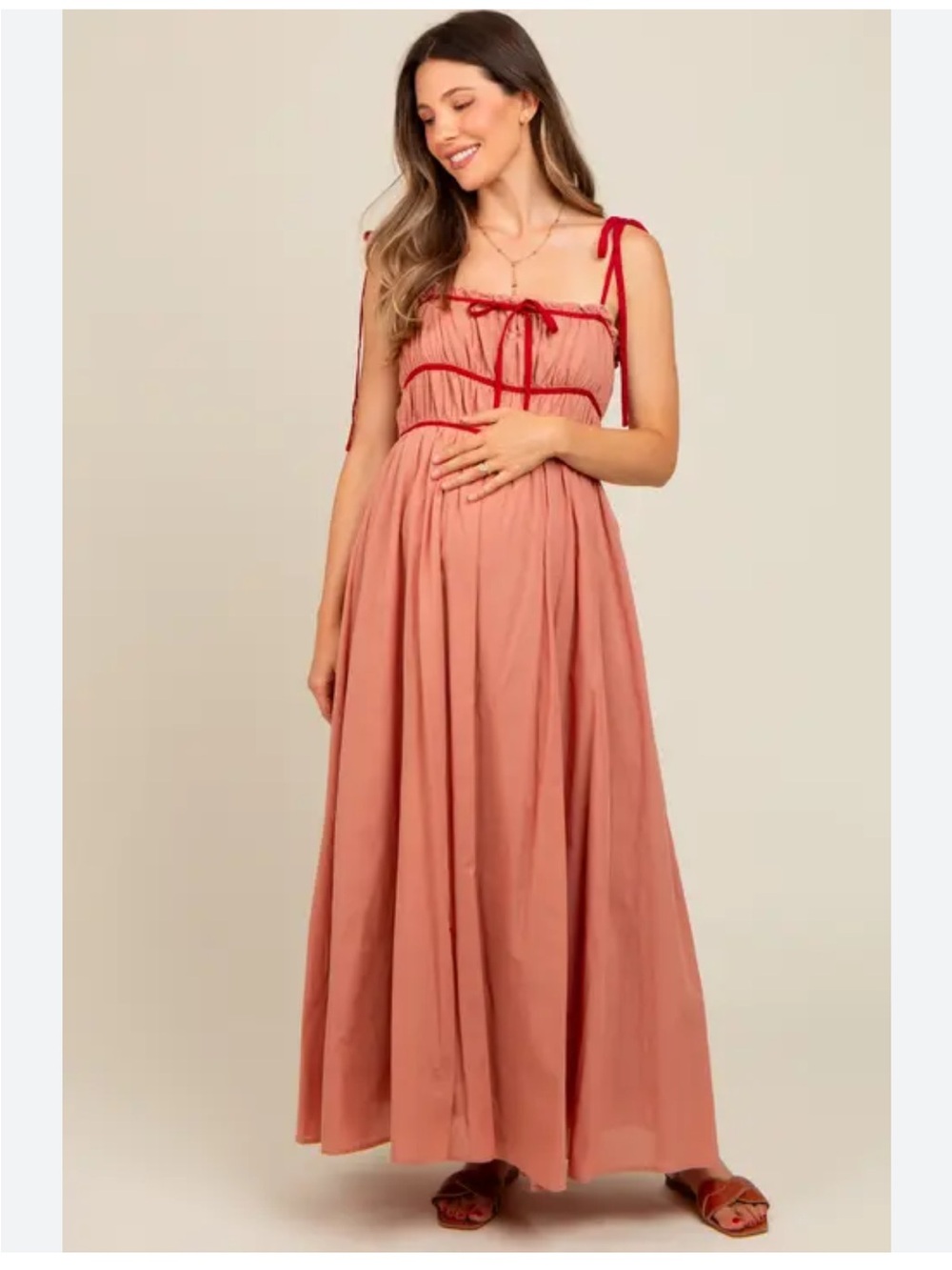 In Bloom Dusty Rose Maternity Maxi with Red Contrast Ribbon Trim